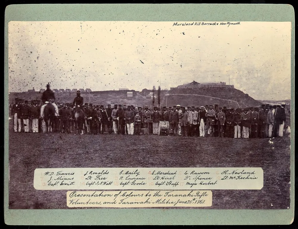 Presentation of Colours to the Taranaki Rifle Volunteers and Taranaki Militia, 1861