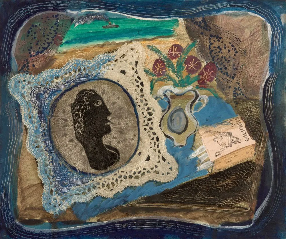 Collage, still life with black head