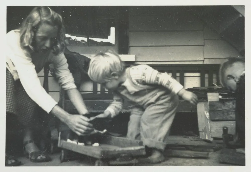 Boy on back porch, Northland