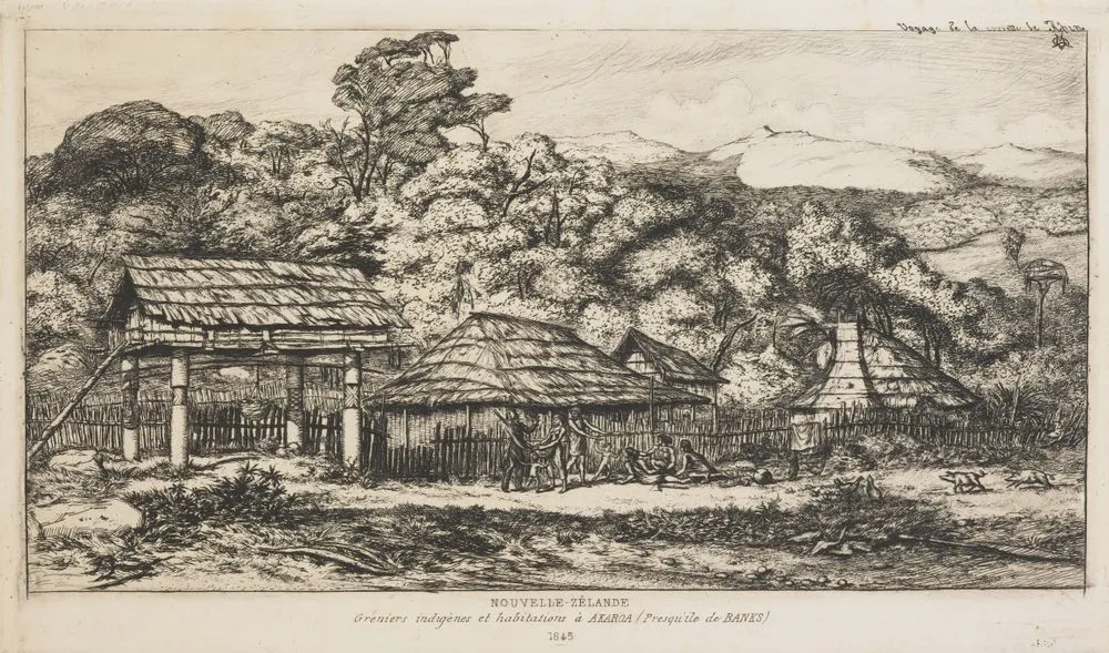 Greniers indigènes et habitation à Akaroa, Presqu'île de Banks, 1845.