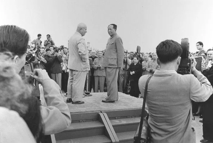 Chairman Mao Zedong with Russian Premier Nikita Khrushchev at the airport, Beijing