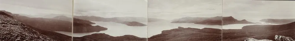 Panorama of Carnley Harbour taken from Heights. From the album: [1907 Sub-Antarctic Expedition]; circa 1908; North, W.