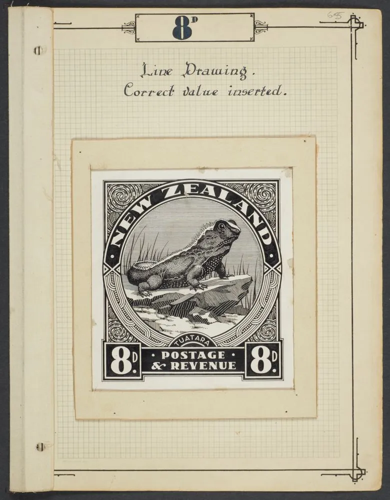 Original design (line drawing) for eight penny Tuatara pictorial stamp