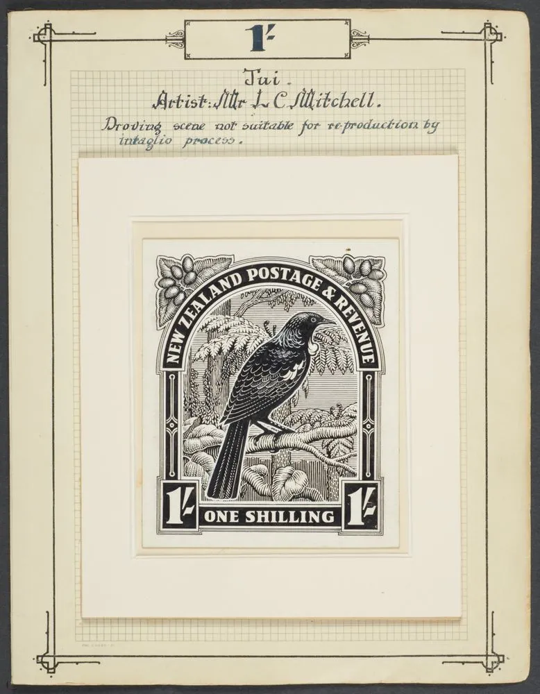 Original design (line drawing) for one shilling Tui pictorial stamp