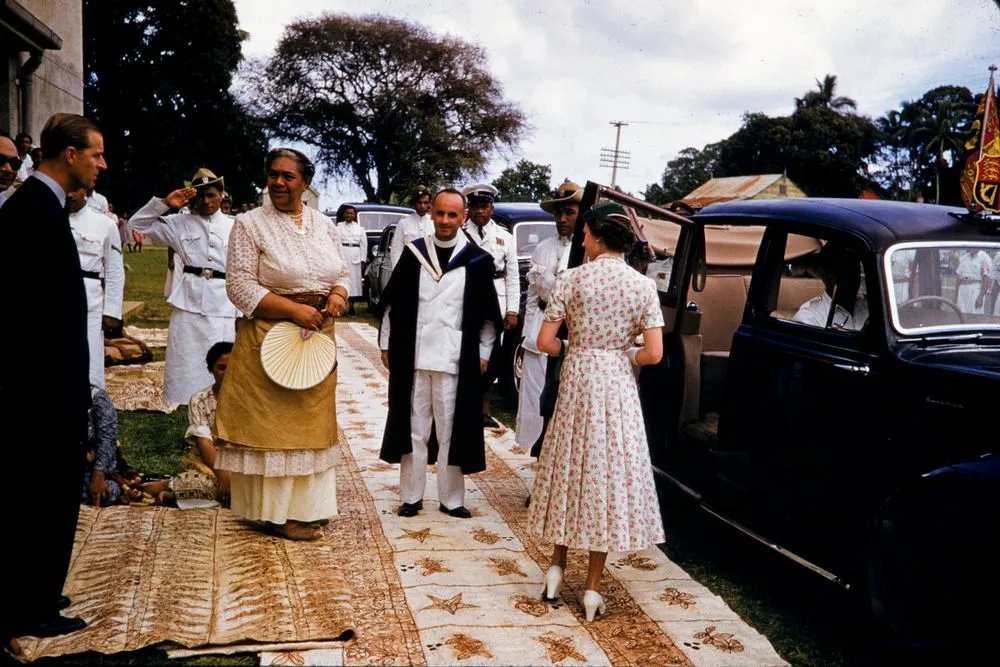 The Duke of Edinburgh, Queen Sālote Tupou III, Rev A.E. McKay and Queen Elizabeth II, Royal Tour, Tonga