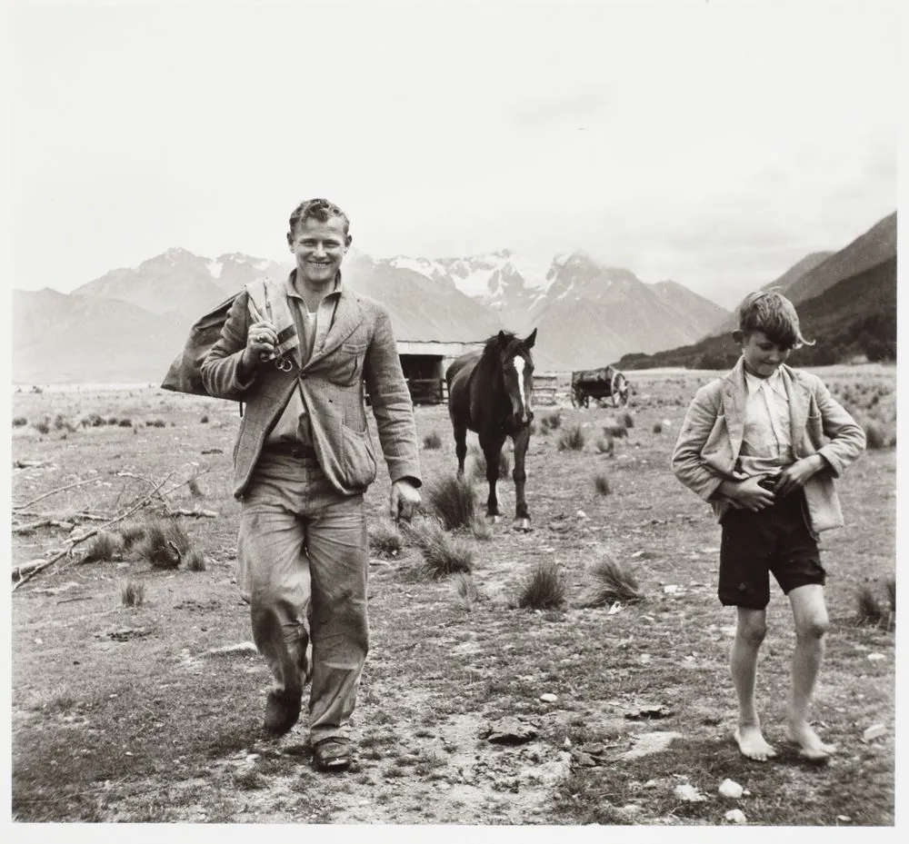 Ted Porter bringing in the mail at Manuka Point Station, and his son Bobby, 1943. From the portfolio: PhotoForum - John Pascoe