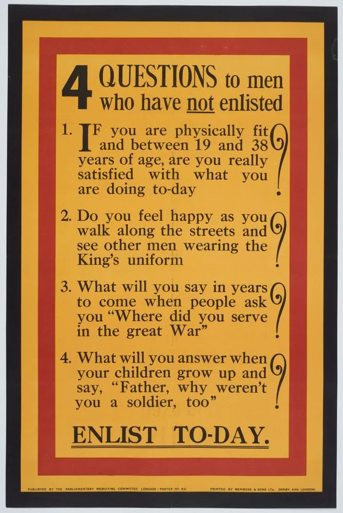Poster, '4 Questions to men who have not enlisted'