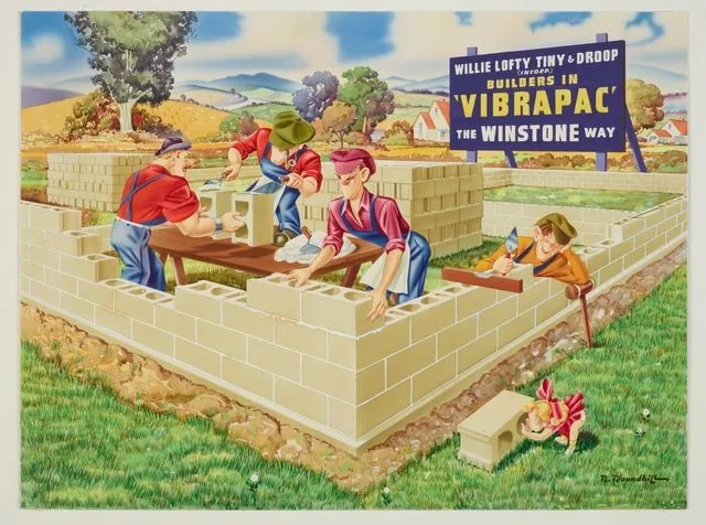 Original artwork for Vibrapac: Willly, Lofty, Tiny and Droop (WTLD) at work 'building blocks'