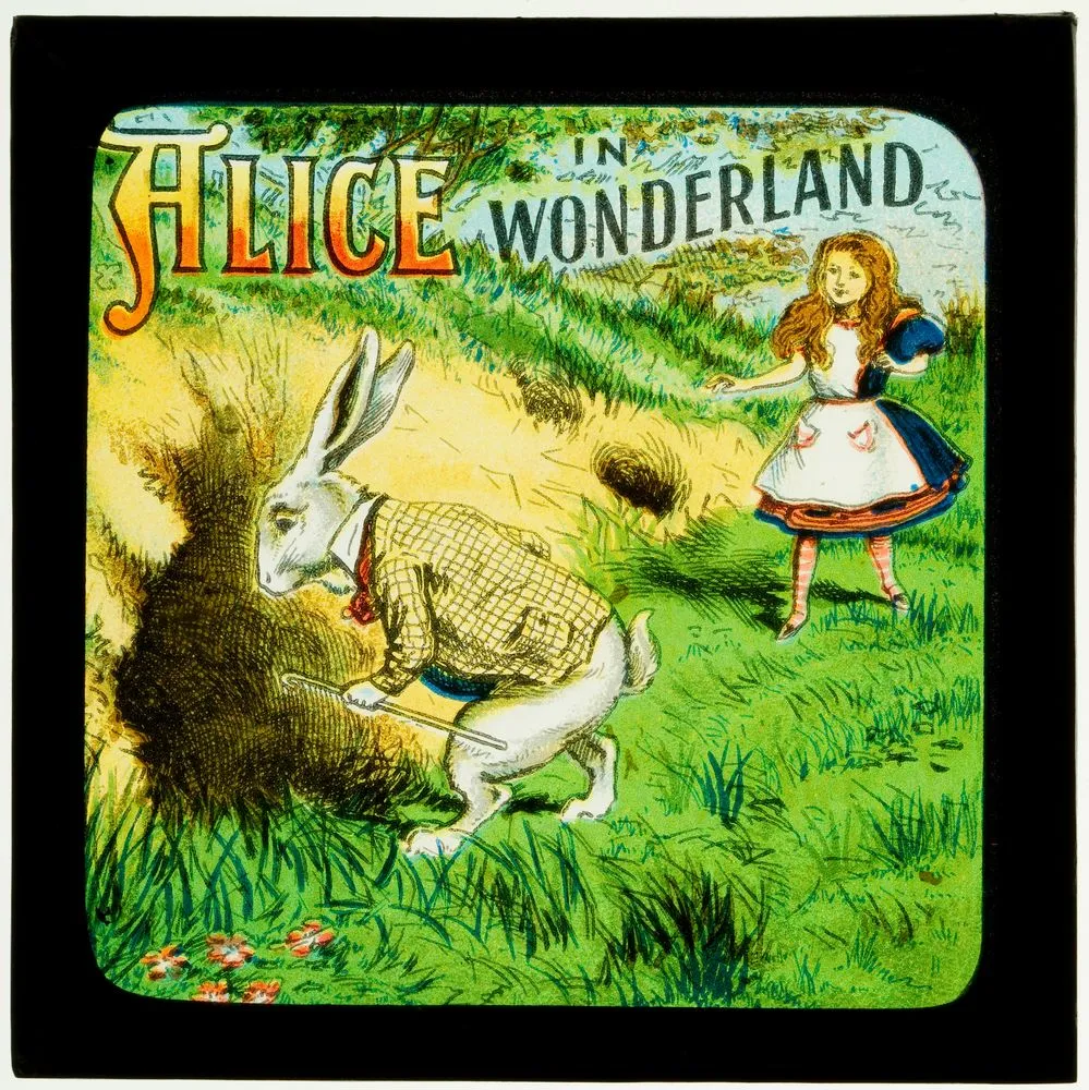Alice in Wonderland (Part 1), Down the rabbit hole: suddenly a white rabbit, with pink eyes, ran close by her