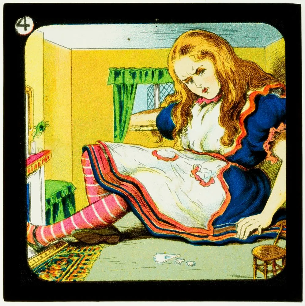 Alice in Wonderland (Part 1), Down the rabbit hole: she grew and grew until she had to lie down on the floor