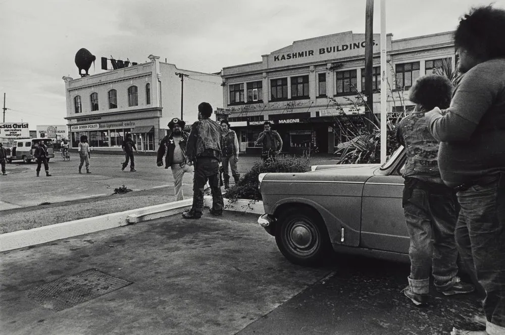 Confrontation with Mongrel Mob, Colombo Street, Christchurch. From the series: Black Power, Christchurch.
