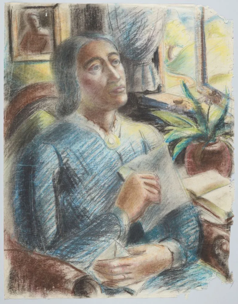 Portrait of a woman holding a letter and envelope