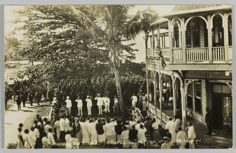 Postcard, 'Hoisting the Union Jack in Samoa. 30th Aug 1914.'