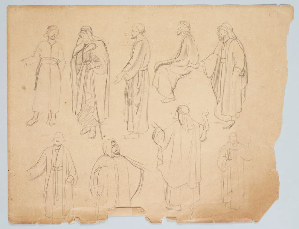 Multiple images of a robed man in different poses