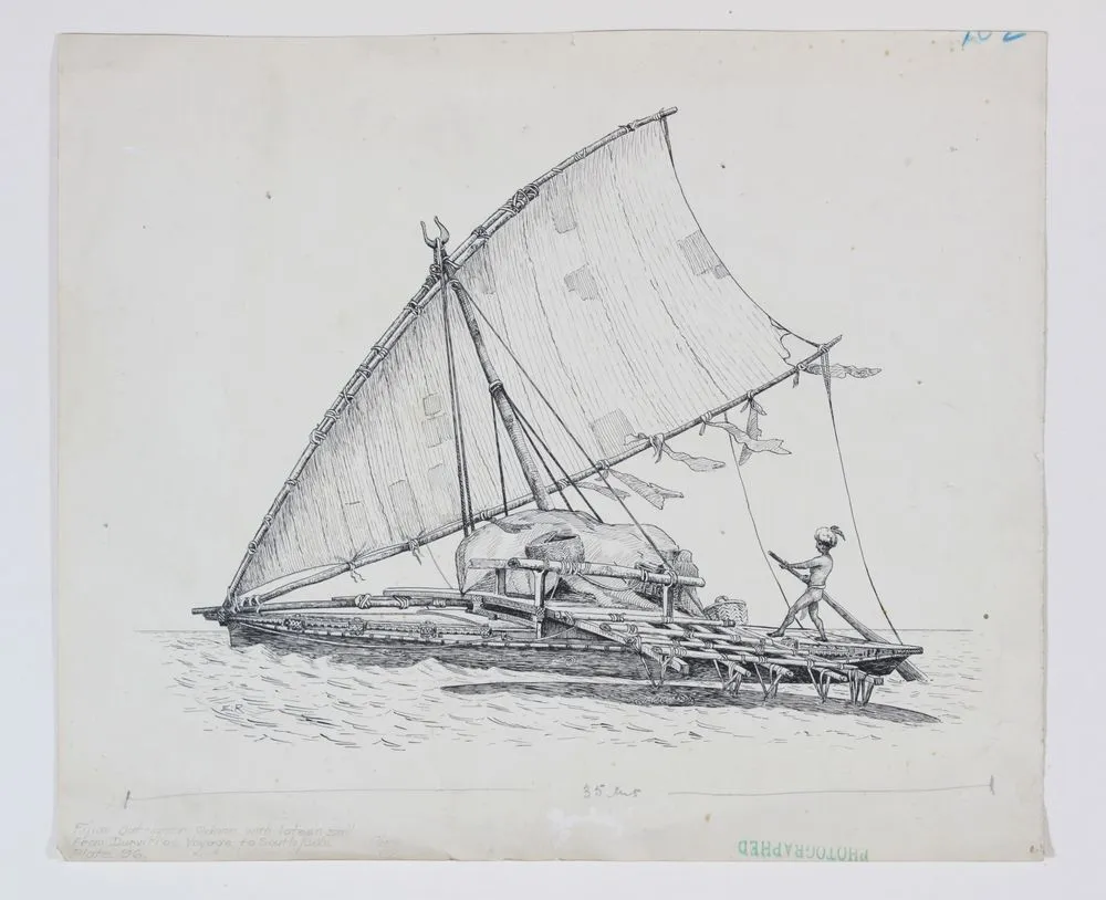 Sketch of Fijian outrigger canoe with lateen sail