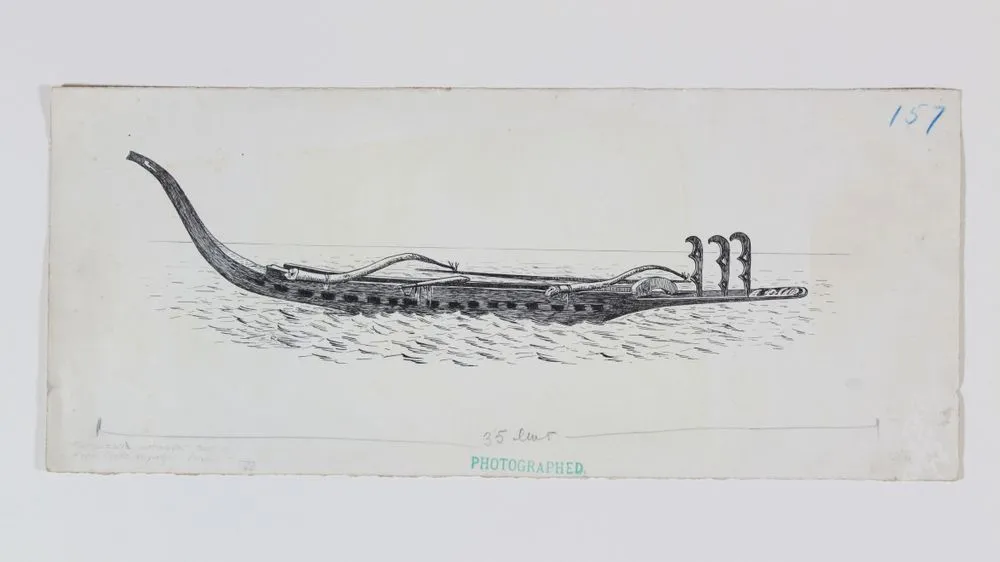 Outrigger canoe of Marquesas Group showing Tahitian forms of prow and stern