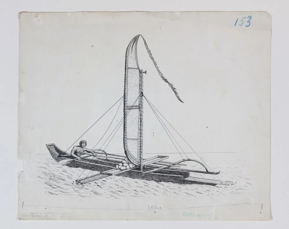 Sketch of Tahitian outrigger canoe - from Cook's voyages