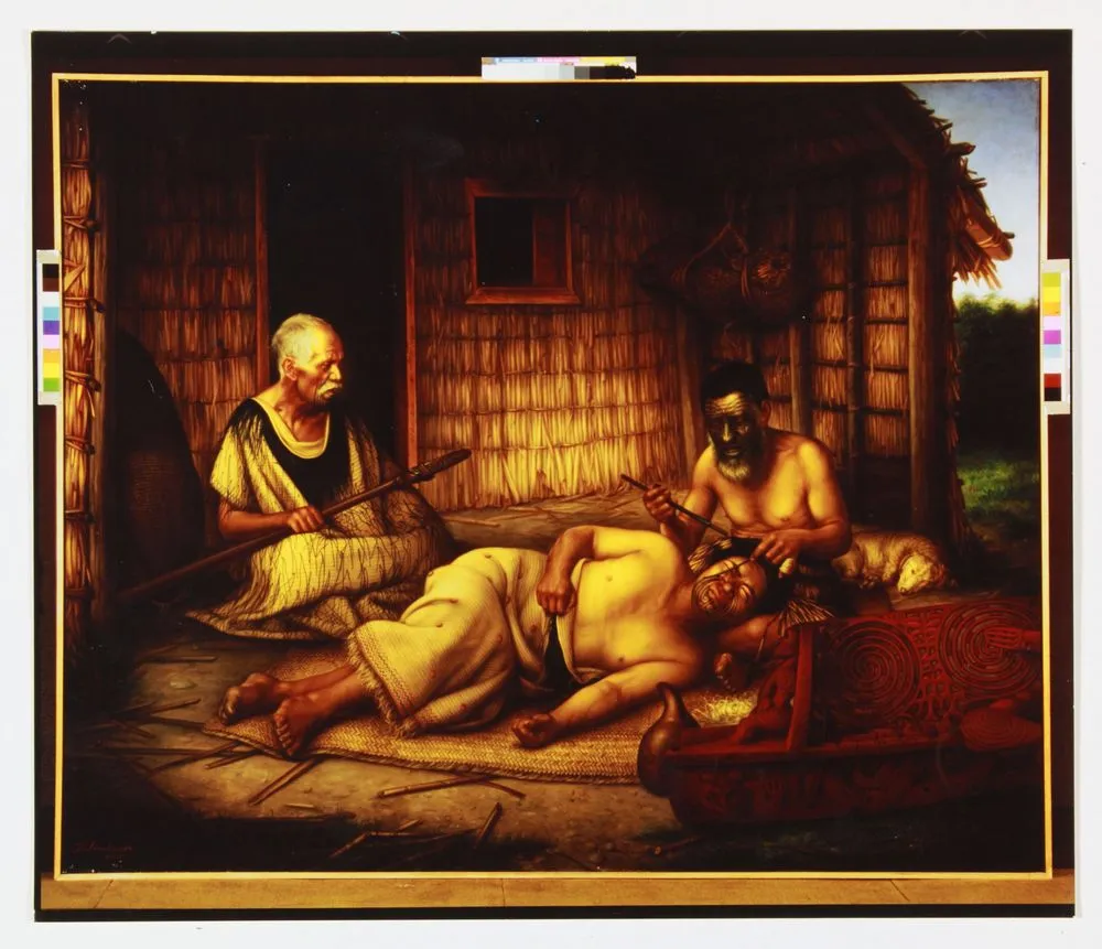 Warrior receiving moko (colour proof print of Lindauer painting "Tohunga ta moko at work", 1915)