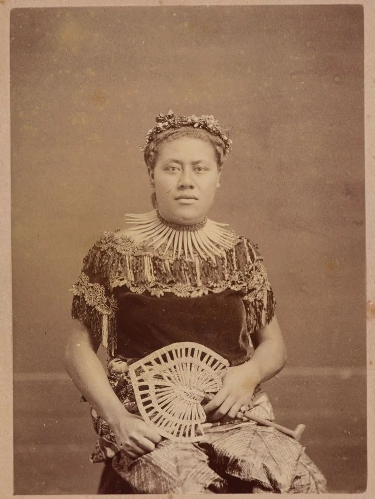 Portrait of woman holding fan. From the album: Tahiti, Samoa and New Zealand scenes