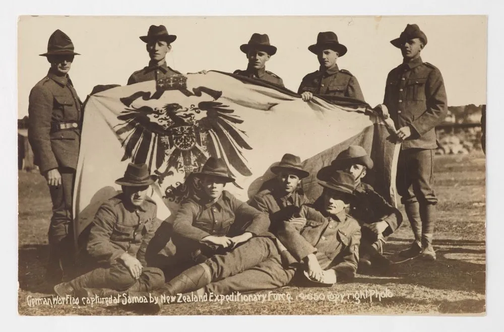 Postcard, 'German War Flag captured at Samoa by New Zealand Expeditionary Force'