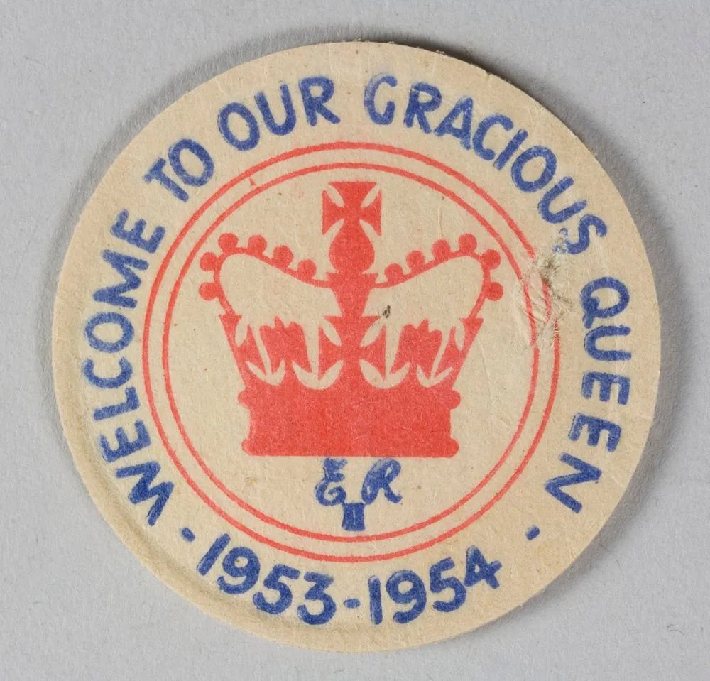 Milk bottle top, 'Welcome to Our Gracious Queen'