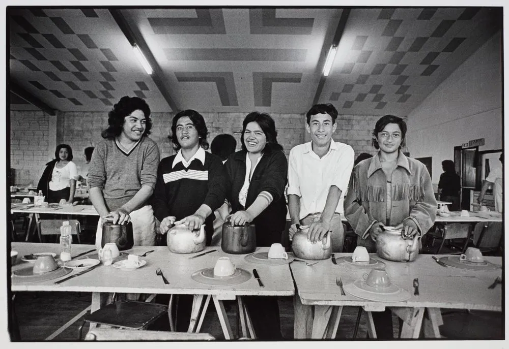 Tea boys in Kii Koopu dining hall, Ratana Pa, during annual church commemorations, January, 1976. From the series: Ratana Pa
