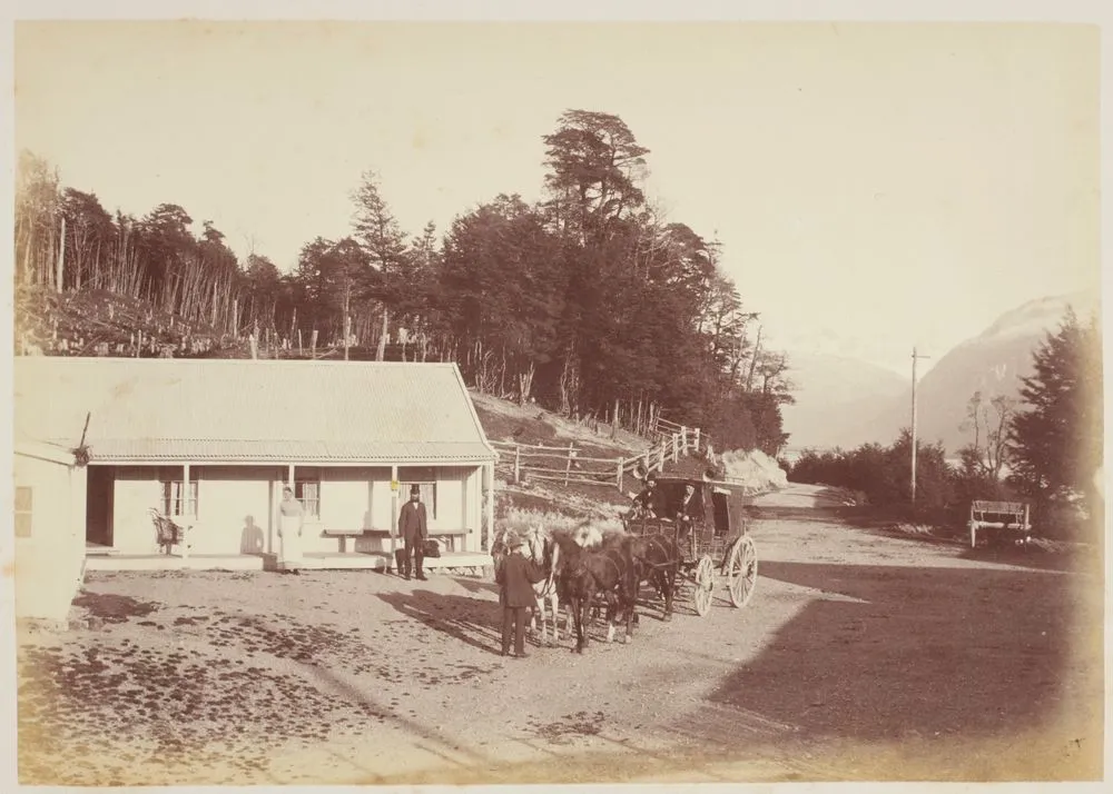 Glacier Hotel and Cobb's Coach. From the album: Scenes of New Zealand