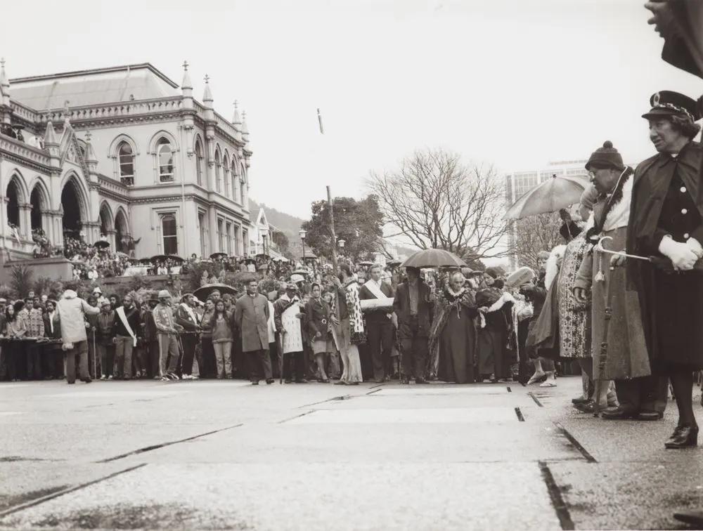 Maoritanga - Scenes from Maori Life, Protests and Demonstrations. Maori Land March, Parliament forecourt.