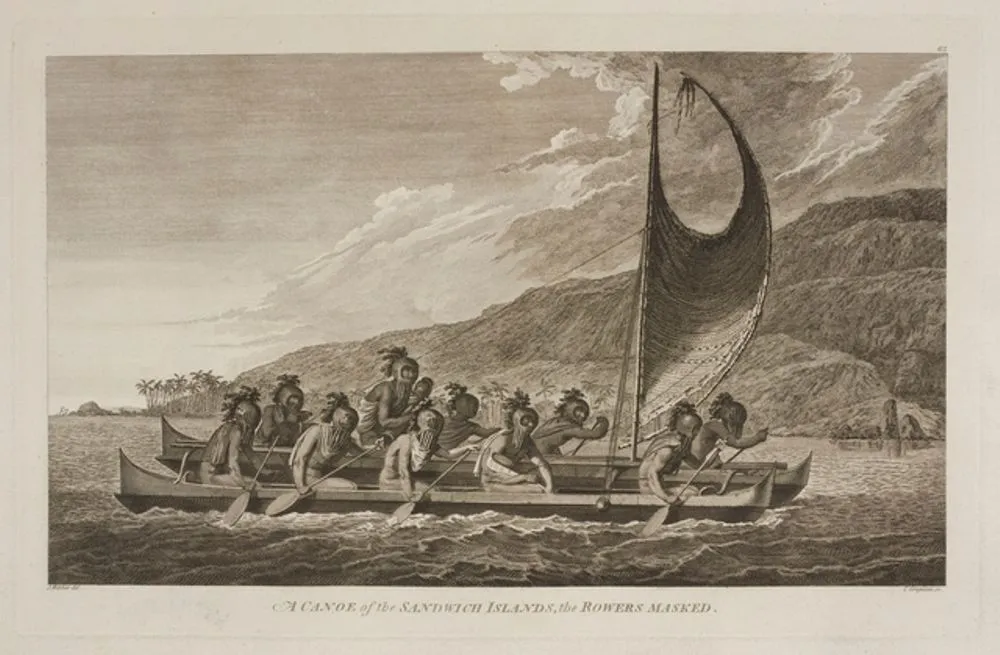 A Canoe of the Sandwich Islands, the Rowers Masked. Plate 65. From the book: Folio of Plates to Captain Cook's Voyages