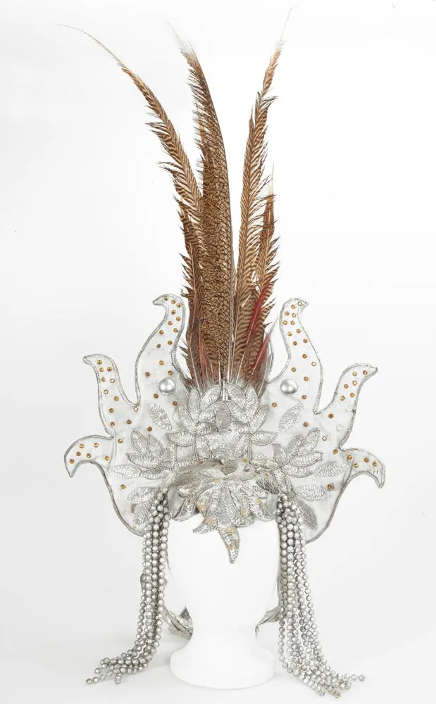 'The silver and fur outfits', headdress