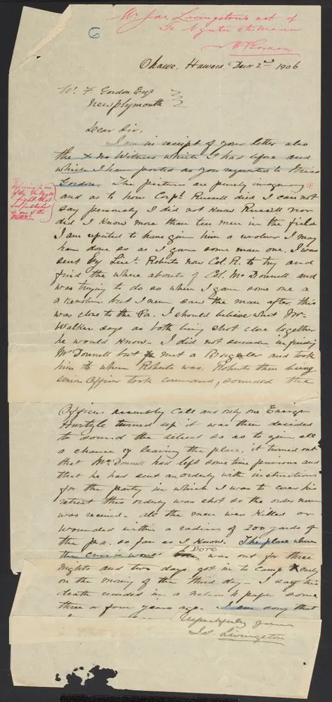 Letter to W.F. Gordon re: account of Te Ngutu o Te Manu