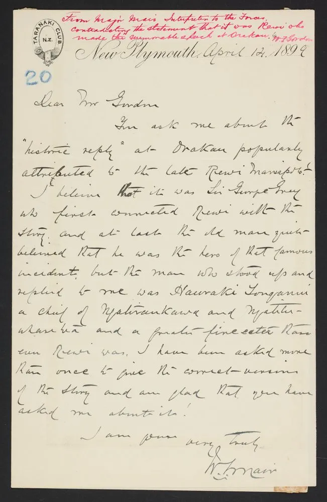 Letter to W.F. Gordon contradicting the statement that it was Rewi who made the memorable speech at Orakau