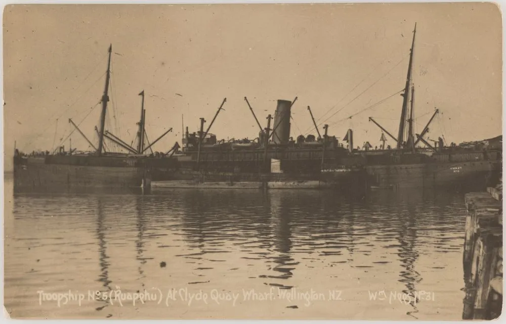 Troopship No. 5 (Ruapehu) at Clyde Quay Wharf. Wellington. NZ