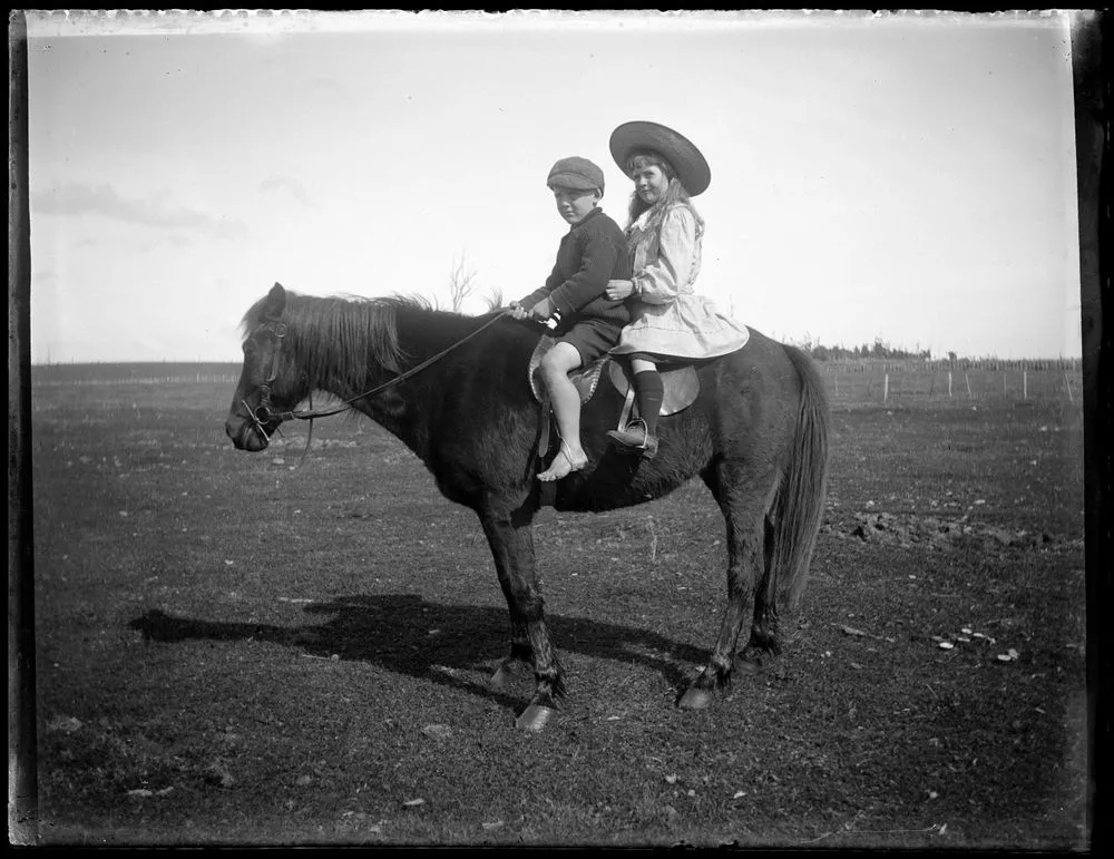 Clifford and Vivian on Brownie in cow paddock, Aug 1908