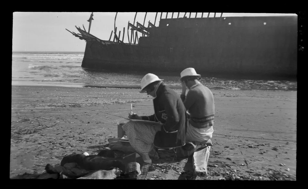 Sketching, with Miss Franklin, at Hydrabad wreck on Hokio-Waitarere beach, September 1935