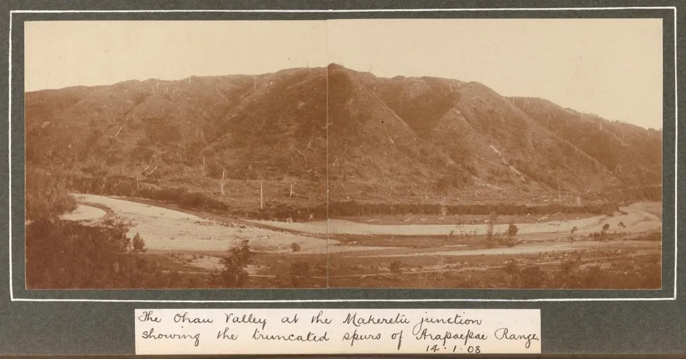 The Ohau Valley at the Makeretu junction showing the truncated spurs of Arapaepae Range, 14 January 1908. From the album: Family photographs [1907-1909]