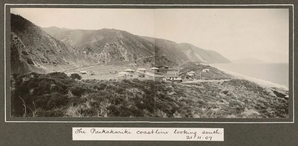 The Paekakariki coastline looking south, 21 November 1907. From the album: Family photographs [1907-1909]