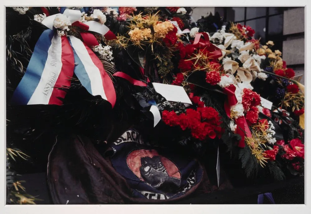Denis O'Reilly's Black Power jacket and wreaths in Norman Kirk's funeral cortège