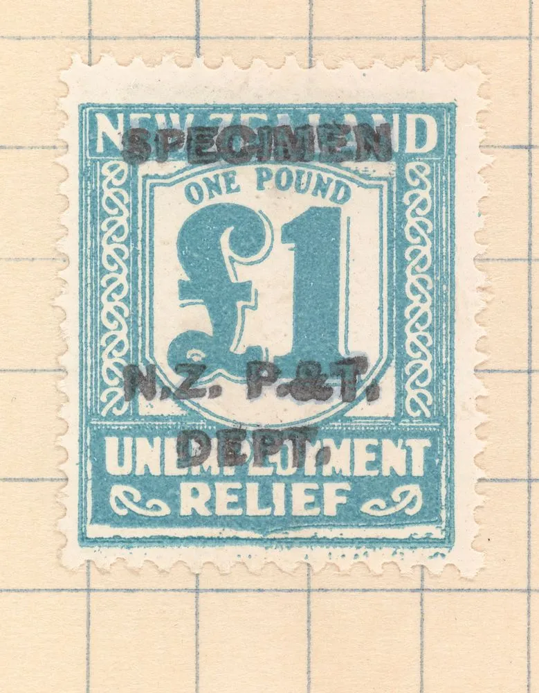 One pound Unemployment Relief stamp overprinted 'Specimen'