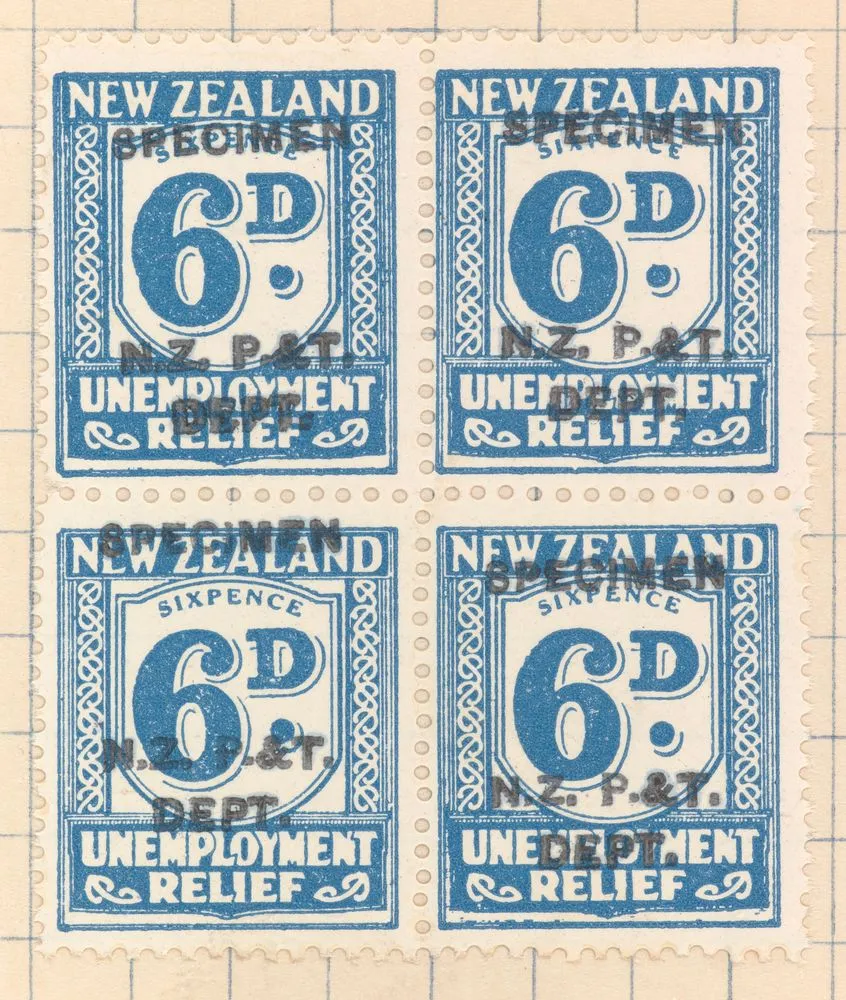 Block of six penny Unemployment Relief stamps overprinted 'Specimen'