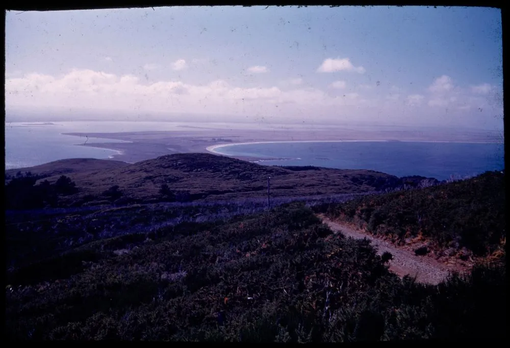 Panorama (NE to E) from Bluff Hill, the Bluff, Southland : Outer spit and Foveaux Strait