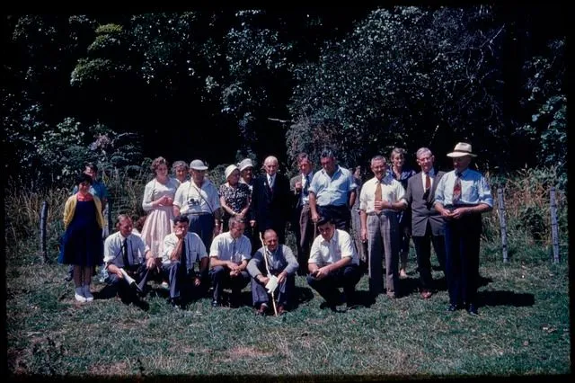 Some of party at Nga Weka pa, now bush-clad, on Hangatahua River near Okato ...