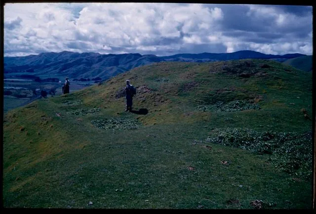 Group of five old storage pits on Paekakariki cliff-top north spur, with Mr Hall (centre)