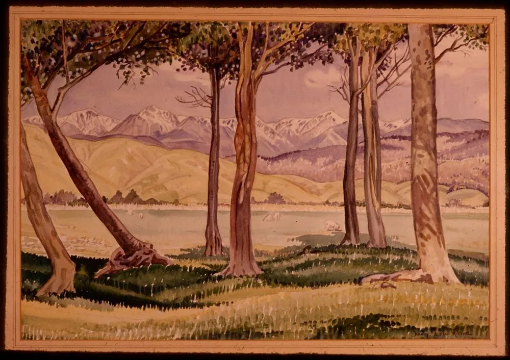 The Tararua Range from near Levin, a painting by Nancy Adkin