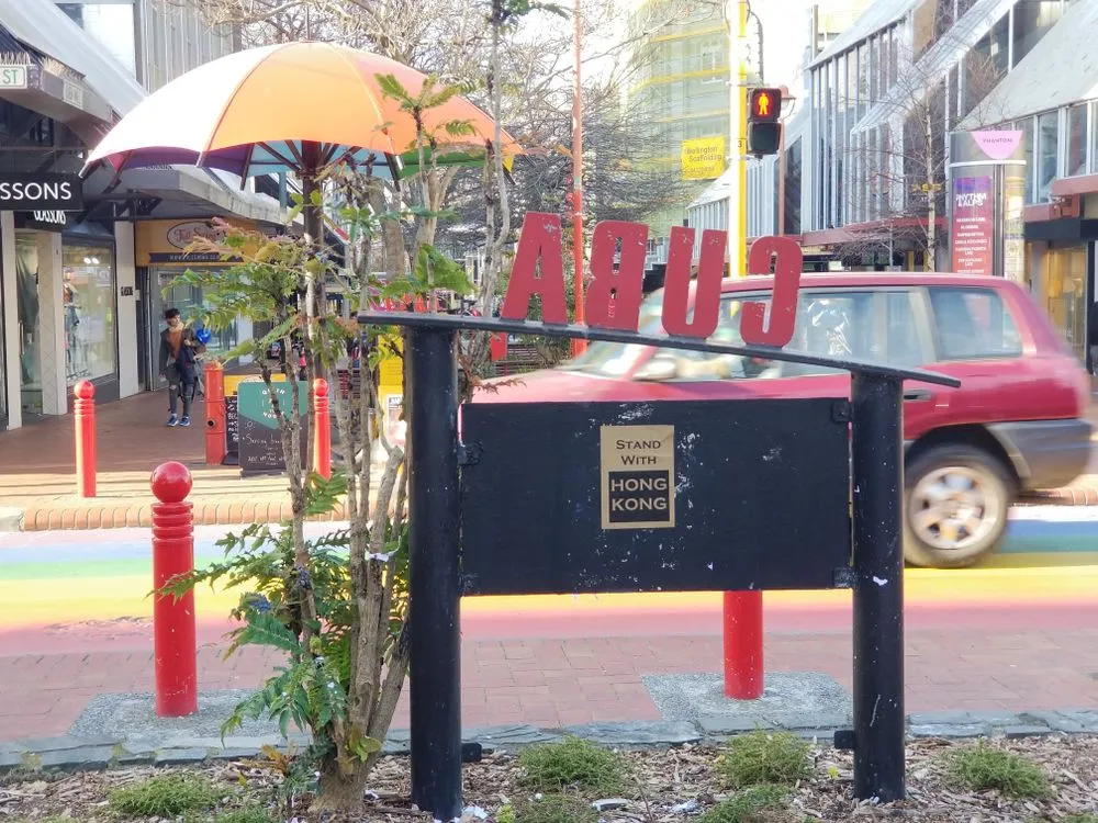 Photo of 'Stand with Hong Kong' sticker in Cuba Street, Wellington 2019