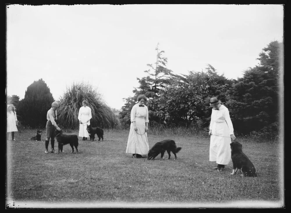 Vivian, Clifford, Marjorie and Dora Adkin with Amy Denton and dogs, Cheslyn Rise