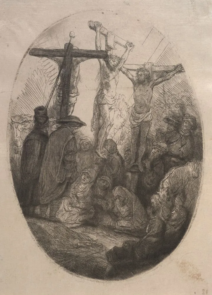 Christ crucified between the two thieves: an oval plate.