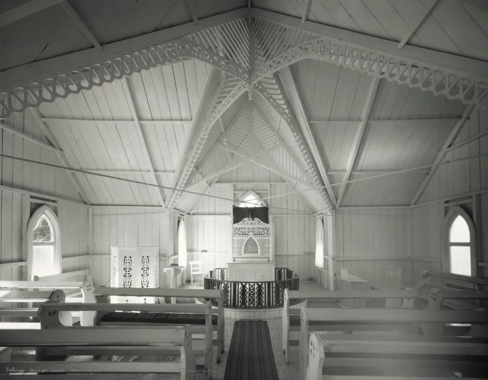 Interior, Anglican church, Pawarenga Peninsula, Whangape Harbour, Northland, 10 May 1982