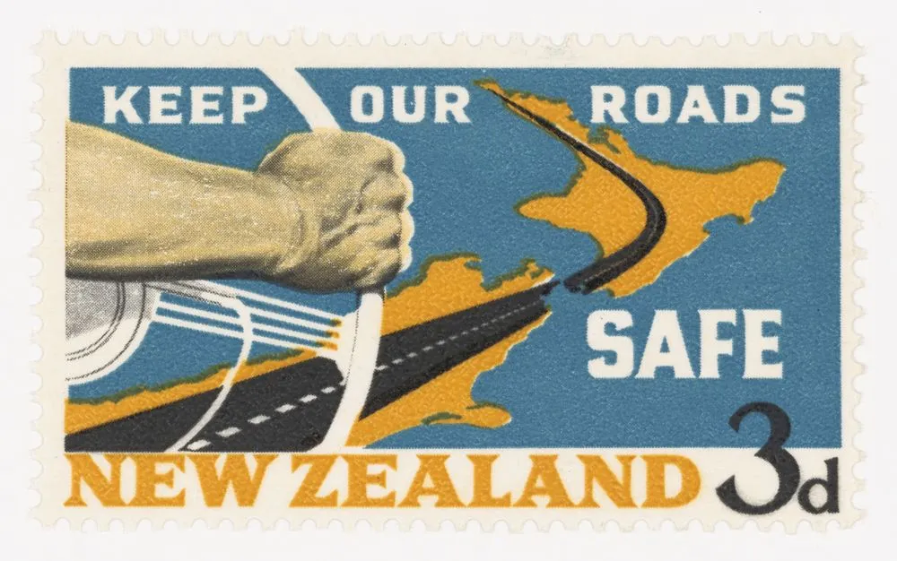 Issued three penny 'Keep Our Roads Safe' Road Safety stamp