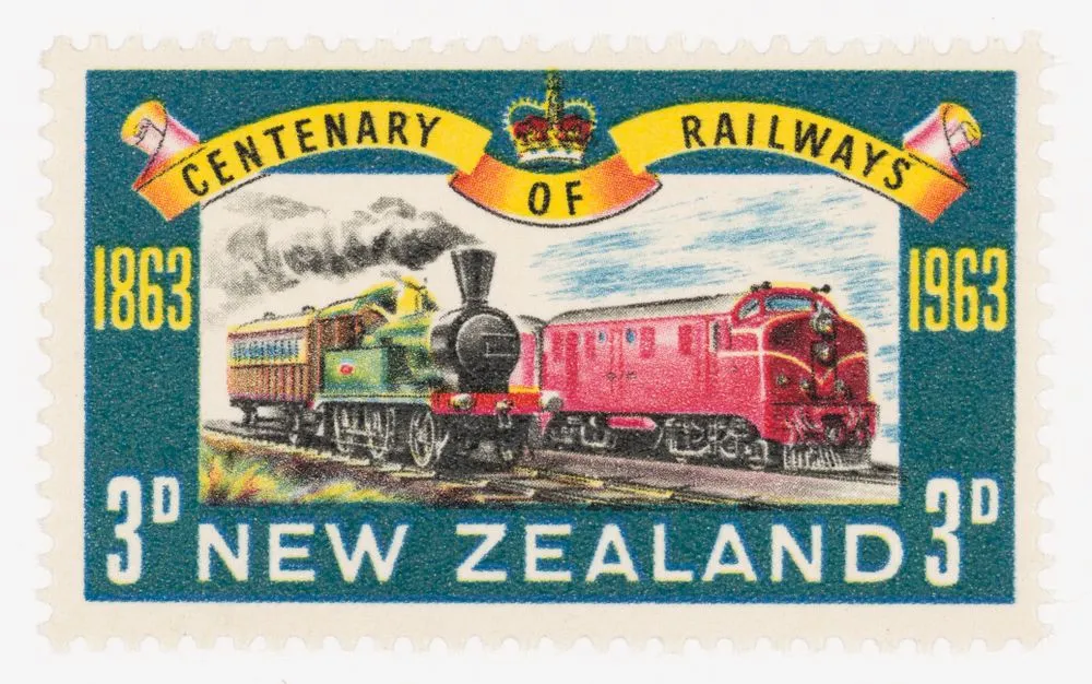 Issued three penny 'Steam Locomotive "Pilgrim" and "DG" Diesel Electric Locomotive' Railway Centenary stamp